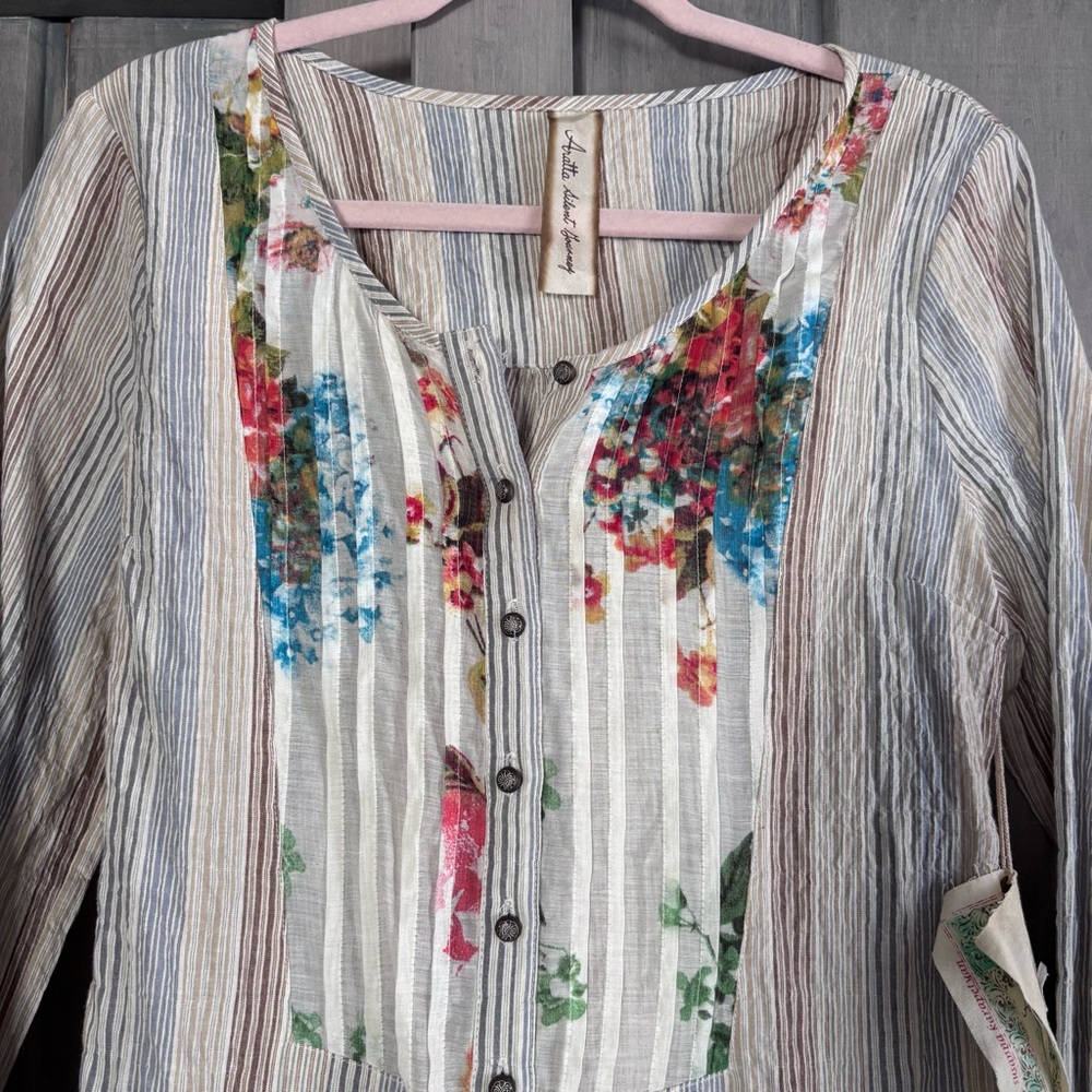 NWT‎ Aratta Silent Journey Corset Button Back Cotton Linen Stripe Floral S - Picture 6 of 8